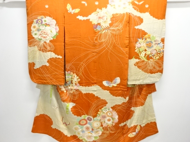 アンティーク　錦紗花薬玉模様刺繍五つ紋着物